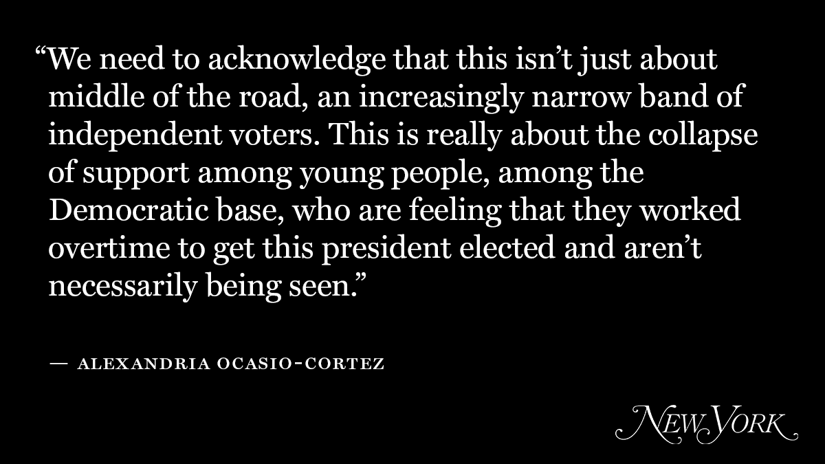 NYMag's tweet photo. @AOC @errollouis With Democrats facing an uphill battle to keep control of Congress, @AOC says the party’s progressive base needs to be fired up https://t.co/mNmhVPRZVl https://t.co/xTRE6zi2J3