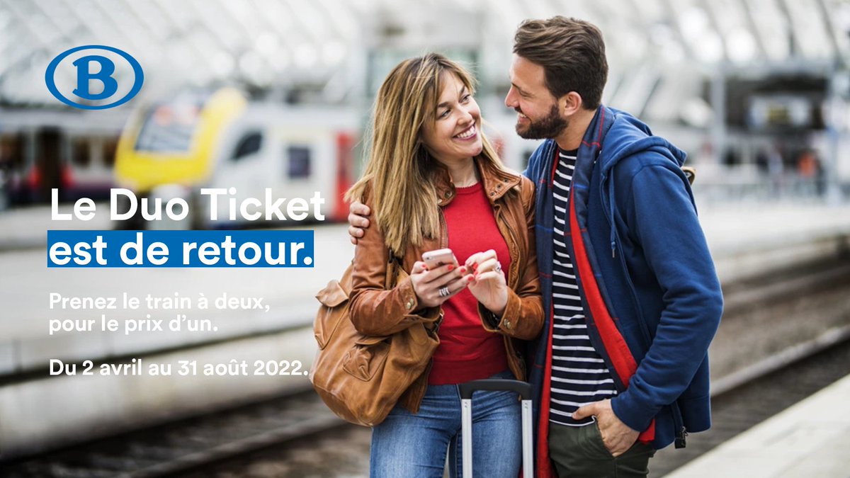 SNCB's tweet photo. 🌱 Prendre le train, c’est faire le choix d’une mobilité durable.
🤩 Suite au succès de la 1ère édition du #DuoTicket, la #SNCB réitère l’expérience et vous donne la possibilité de prendre le train à deux, pour le prix d’un.
📅 Valable du 2 avril au 31 août 2022. Profitez-en ! https://t.co/jiBqeHcGwG