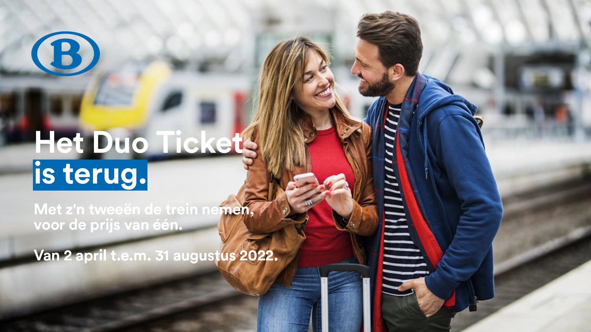 NMBS's tweet photo. 🌱 De trein nemen, dat is kiezen voor duurzame mobiliteit.
🤩 Na het succes van de 1e editie van het #DuoTicket, herhaalt #NMBS de actie en geeft u de kans om met z'n tweeën de trein te nemen, voor de prijs van één.
📅 Geldig van 2 april t.e.m. 31 augustus 2022. Geniet ervan! https://t.co/UQzeqy1fEZ