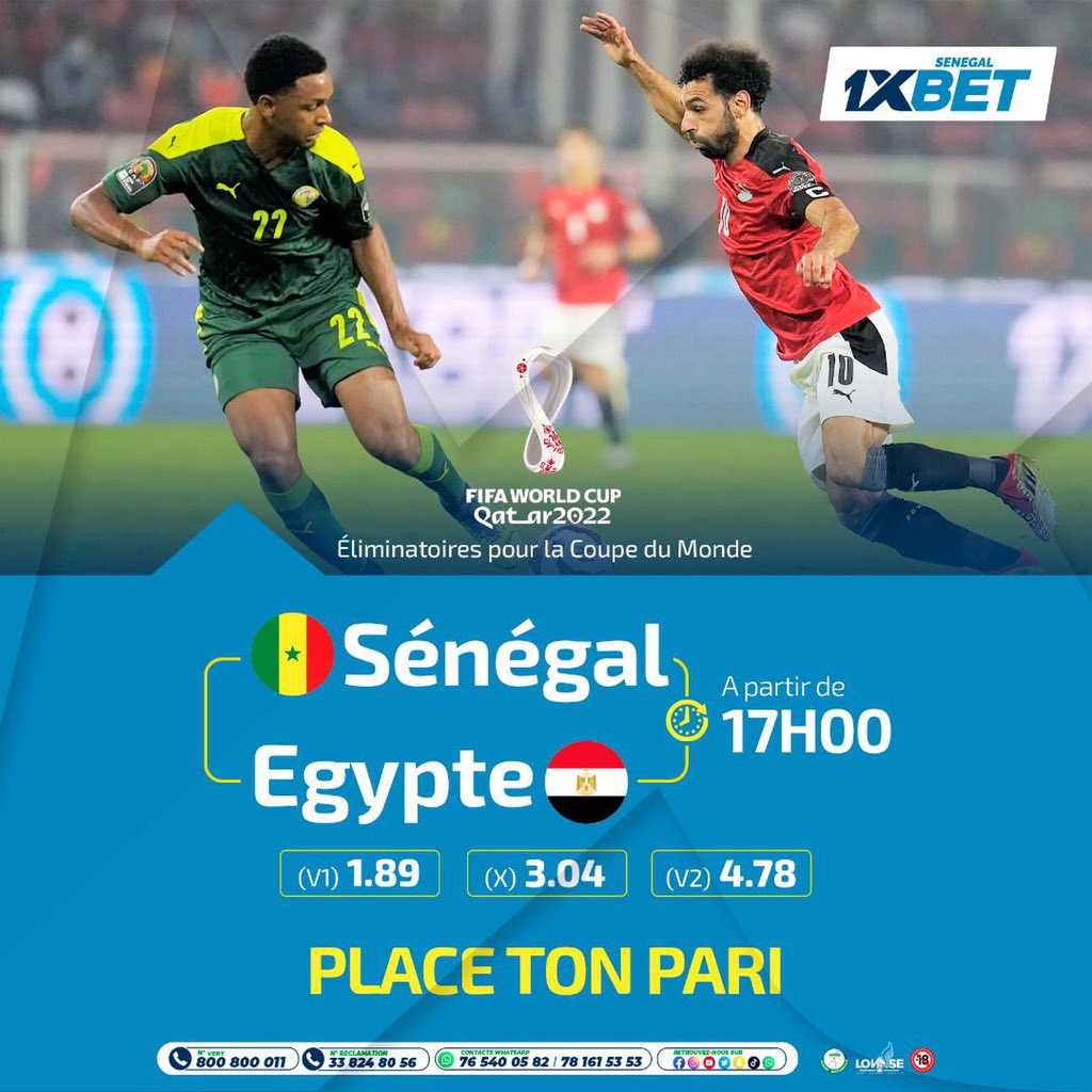 1XBETSENEGALOF's tweet photo. Sénégal 🇸🇳 VS Egypte 🇪🇬 , Match décisif !
Mbà pàre ngèn ? Fou pronostic yi toolu? 
Avec 1XBET, jouez et gagnez !

#1xbetsport #qualificationcoupedumonde2022 #championdafrique #MankoWutiNdamli https://t.co/nNlCcoL73O