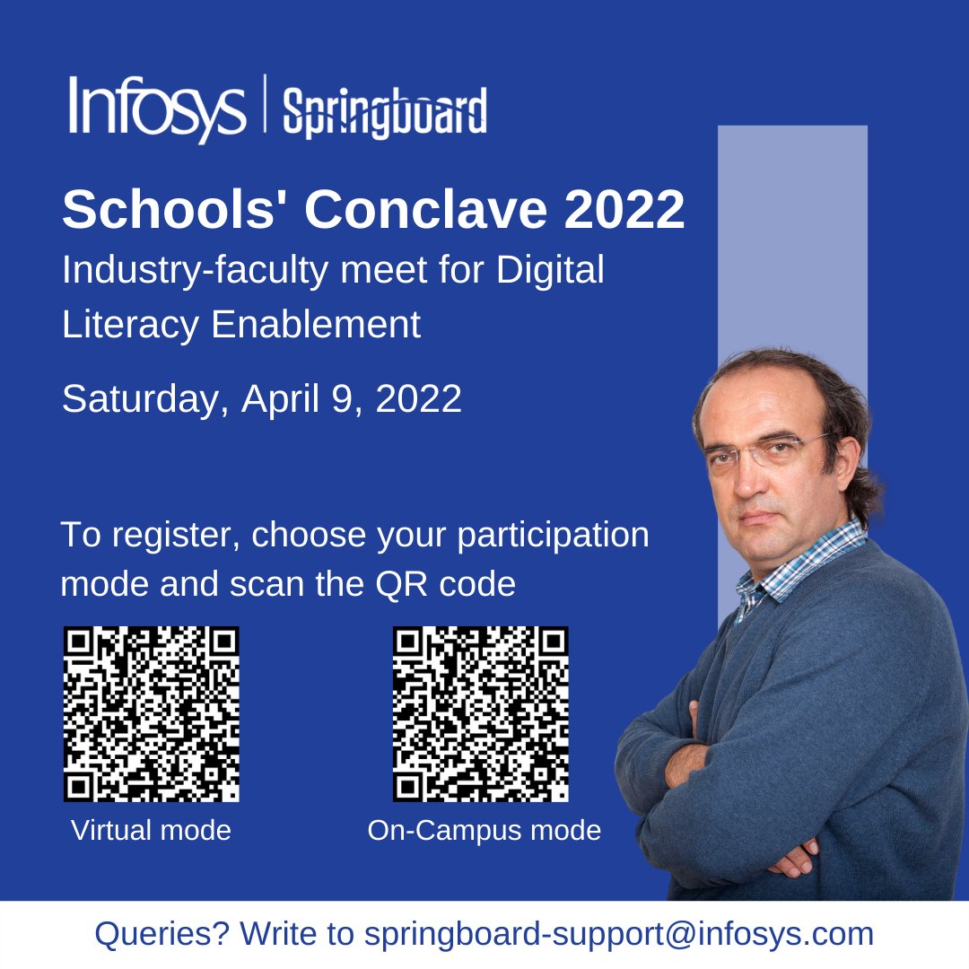 seqv4u's tweet photo. Know of schools where faculty requires a boost with digital savviness? Ask them to attend Infosys Springboard Schools' Conclave to be conducted in a hybrid fashion. Last date to register: Apr 5 '22. No registration fee. 
#infosysspringboard #digitallearning #forwardwithInfosys https://t.co/SPciLS7LNX