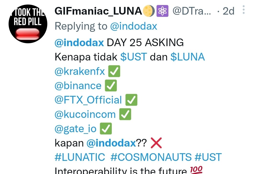 <a href="/indodax/">indodax</a> thanks
#LUNAtics never think your work is not seen or don't have repercussion
<a href="/cryptrus/">Cryptrus</a> <a href="/TheMoonMidas/">Rei</a> @mac_ust @tyro_terra <a href="/bouliicrypto/">Bouliicrypto 🌑🉐🐒</a> <a href="/wolf_of_defi/">Wolf of Defi</a> <a href="/thedefiedge/">Edgy - The DeFi Edge 🗡️</a> @farmerdbrown <a href="/__Lunatics__/">Lunatics</a> <a href="/lunatichisoka/">Hisoka</a> <a href="/stablekwon/">Do Kwon 🌕</a> @dopeboyshanee <a href="/eeyernlee/">Ian</a> <a href="/Speicherx/">Speicherx</a> <a href="/danku_r/">danku_r</a>