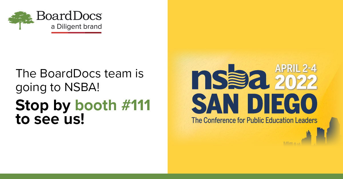 boarddocs's tweet image. Are you or a colleague attending #NSBA Annual Conference on April 2-4, 2022? Visit with the BoardDocs team at booth #111 and enter to win a $500 donation to the charity of your choice. Find out more here -&amp;gt; bit.ly/370ZjCY @NSBAPublicEd