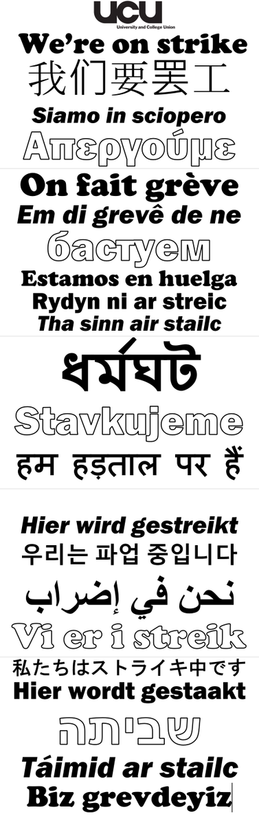 PlacardSticks's tweet photo. MULTILINGUAL "WE ARE ON STRIKE" PLACARD

From an idea by @anna_translata with help from numerous international language-users. Good for graduations and other events with global audiences. Source file for editing (MS Word): https://t.co/YLdxIBLR6L

Photo by @UM_UCU. https://t.co/kA65eKsw3i