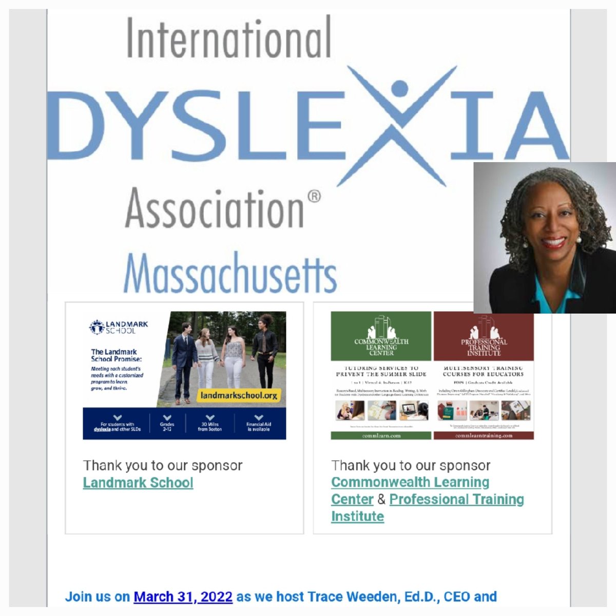 Join <a href="/weedentracy/">Dr. Tracy White-Weeden</a> as she presents "Literacy: The Human Right of the 21st Century." We are excited to co-sponsor this free virtual <a href="/DyslexiaMA/">MABIDA Mass Dyslexia</a> event this Thursday at 7pm. Will you be there? conta.cc/3MrNtlA

#Dyslexia #Reading #Literacy 📚