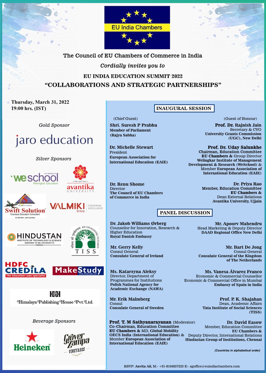 Two Days To Go!

Join us for EU-India Education Summit 2022 on Thursday, March 31, 2022 at 1900 hrs
 
To Register Click on: us06web.zoom.us/webinar/regist…

#educationsummit2022  #education #nep2020 #highereducation #collaboration #implementation #skilldevelopment #educationsector