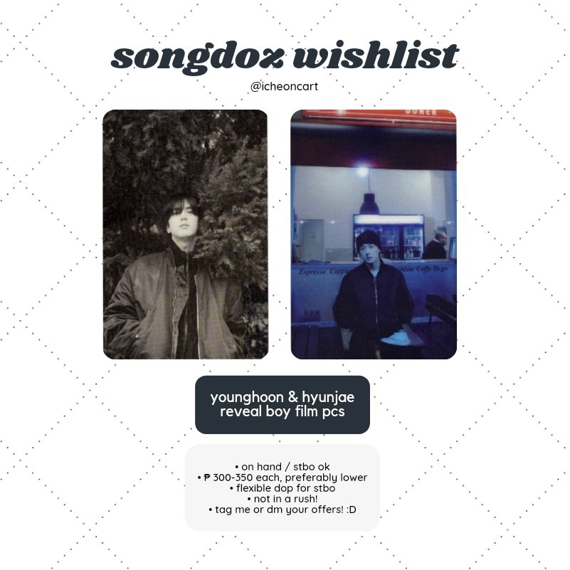 icheoncart's tweet photo. wtb lfs wtt lft ph
the boyz

○ younghoon &amp; hyunjae reveal boy film pcs
ㅡ on hand / stbo ok
ㅡ max ₱ 350 each, preferably lower
ㅡ not in a rush
ㅡ tag me or dm your offers! :D

• can also be traded with any pcs sa second pic = 1:n (flexible) https://t.co/m17wi3ZVuX