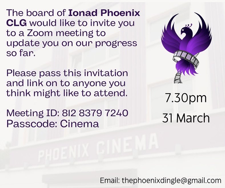 aoifegranville's tweet photo. Please come along to this open meeting about plans to try & secure @PhoenixDingle as a cinema/arts space for Dingle. Huge challenge but amazing opportunity for us. Thursday 31st. Fáilte roimh cách #savethephoenix #dingle #cinema https://t.co/OOJKQITOfA