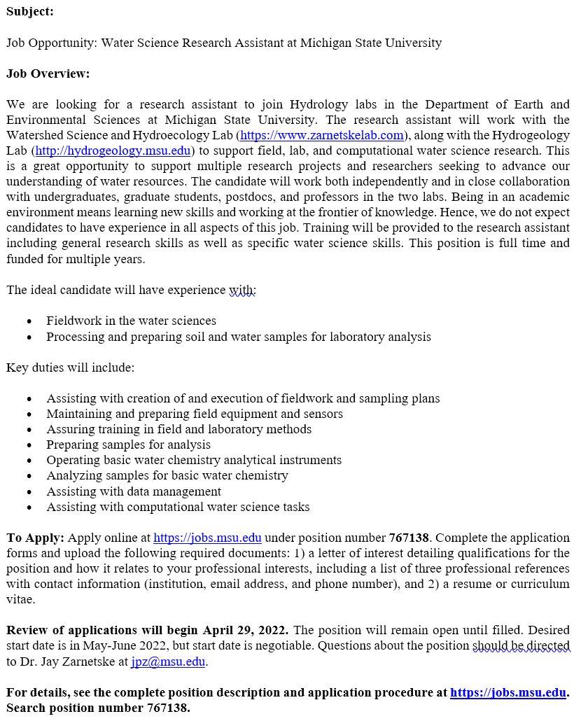 Jay Zarnetske (@hydro_doctorj) on Twitter photo Job Alert: Water Sciences Research Assistant in <a href="/EESMSU/">MSU Earth & Environmental Sciences</a> <a href="/MSUNatSci/">MSU College of Natural Science</a> working with <a href="/jzarnetskelab/">Zarnetske Lab</a> <a href="/Hydro_DoctorJ/">Jay Zarnetske</a> & <a href="/MSUHydro/">MSU Hydrogeology Lab</a>. Come join a team working to reveal the many wonders and values of rivers, wetlands, lakes, & groundwaters. Full time & multiyear position. Details below💧⬇️ Job Alert: Water Sciences Research Assistant in <a href="/EESMSU/">MSU Earth & Environmental Sciences</a> <a href="/MSUNatSci/">MSU College of Natural Science</a> working with <a href="/jzarnetskelab/">Zarnetske Lab</a> <a href="/Hydro_DoctorJ/">Jay Zarnetske</a> & <a href="/MSUHydro/">MSU Hydrogeology Lab</a>. Come join a team working to reveal the many wonders and values of rivers, wetlands, lakes, & groundwaters. Full time & multiyear position. Details below💧⬇️