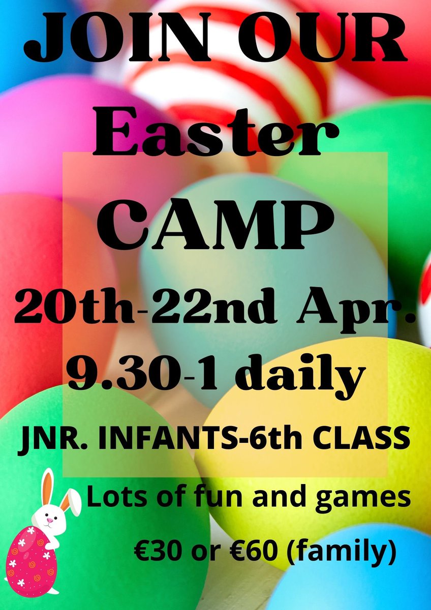 EASTER CAMP IS BACK  
Lots of excitement with our camp scheduled for 3 days during Easter break. Book early to secure your child’s place. 
🗓 20th - 22nd April
⏰ 9.30 to 1pm daily
📌 €30 per child or family option €60
Click here to join. member.clubforce.com/memberships_ca… <a href="/wexgaacoaching/">Wexford GAA Coaching & Games</a>