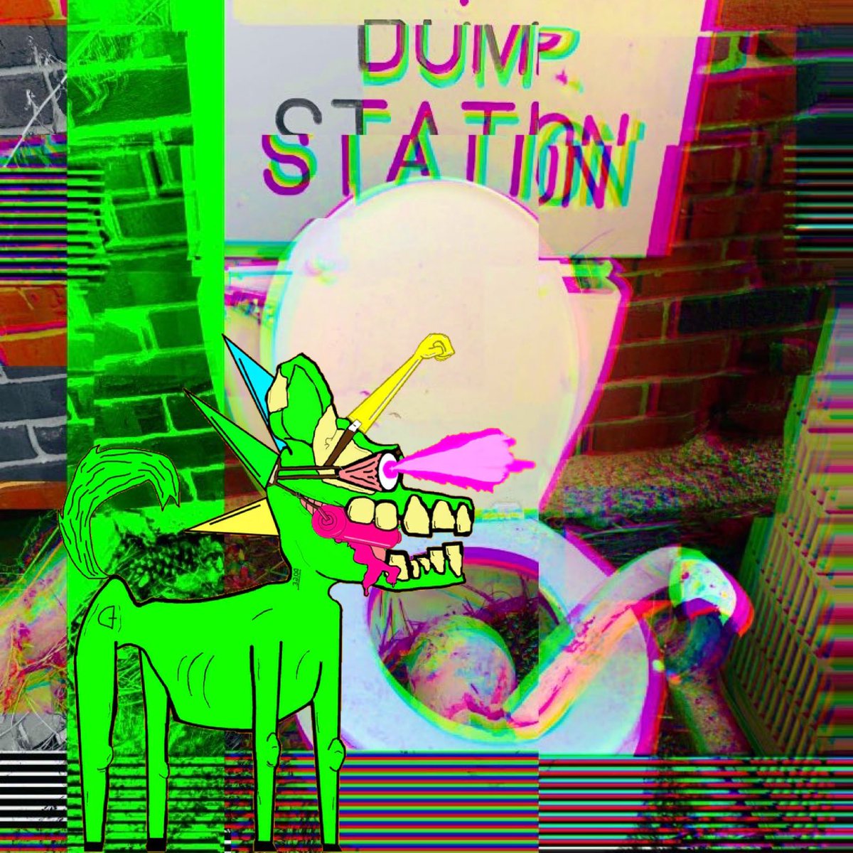 Shall I mint this magnificent piece of #trashart starring my favorite #lunicorn?? <a href="/iH0DL/">iHODL</a> 
Title: 🦩 DUMP STATION 🦩