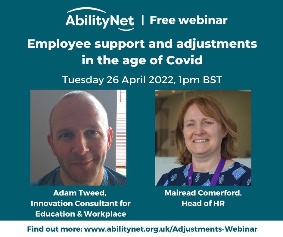 📢  FREE webinar on 26 April at 1pm BST: #Employee support and adjustments in the age of #Covid -us02web.zoom.us/webinar/regist…

Learn from Mairead Comerford and <a href="/agtweed/">Adam</a> to ensure you're providing (&amp; receiving) reasonable adjustments in #Covid19 and its effect on #DisabledEmployees.