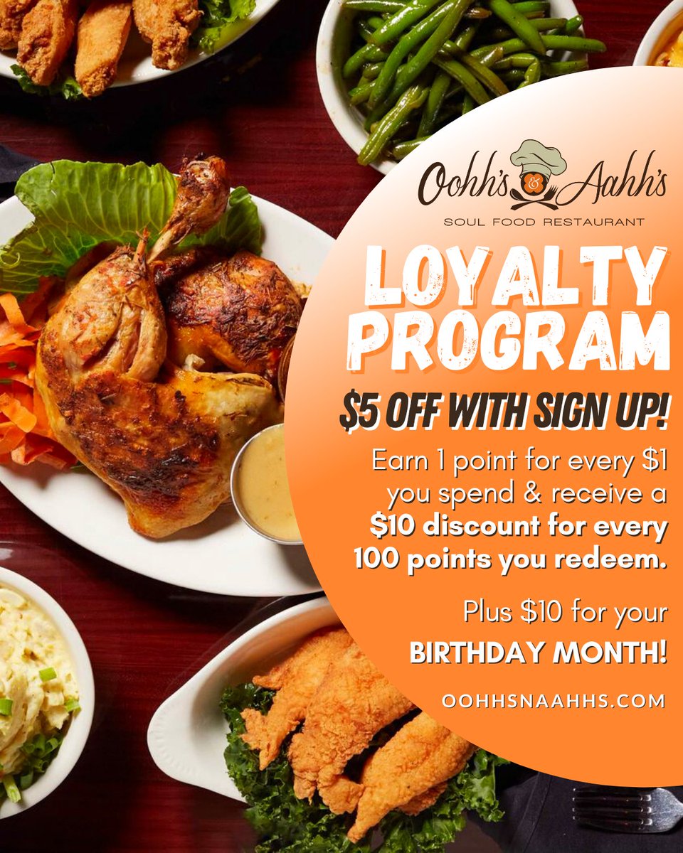 Oohhs_and_aahhs's tweet photo. Weβre excited to get to know you better. When you join our free loyalty program, get $5 off with sign up. π€© Visit https://t.co/5OjL30NqY9!
#loyaltyprogram #discounts #promo #happyhourclub #soulfood #oohhsnaahhs #washingtondc https://t.co/pPNOJxfol0