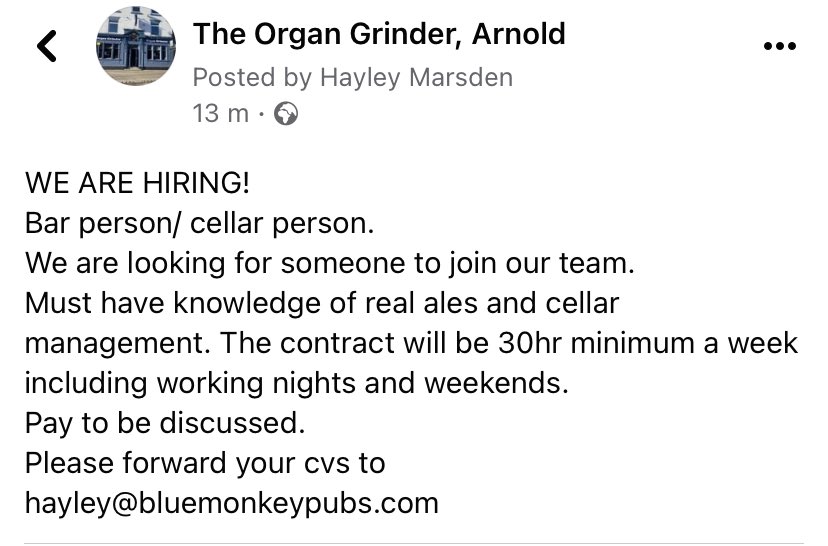 Amanda28_84's tweet photo. Job going at workโฆ anyone interested please forward your cvs to the email on the post.
#jobs #nottingham #arnold #theorgangrinder #cellerperson #barwork #barperson #realale https://t.co/02hAPOrOFx