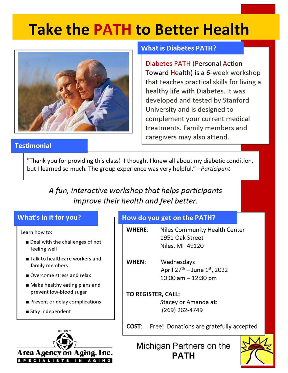 CampusAging's tweet photo. Diabetes PATH (Personal Action Toward Health) is a 6-week workshop that teaches practical skills for living a healthy life with Diabetes. Learn more or register for this class being held in Niles by contacting Stacey or Amanda at (269) 262-4749. https://t.co/zny7Rn70FC