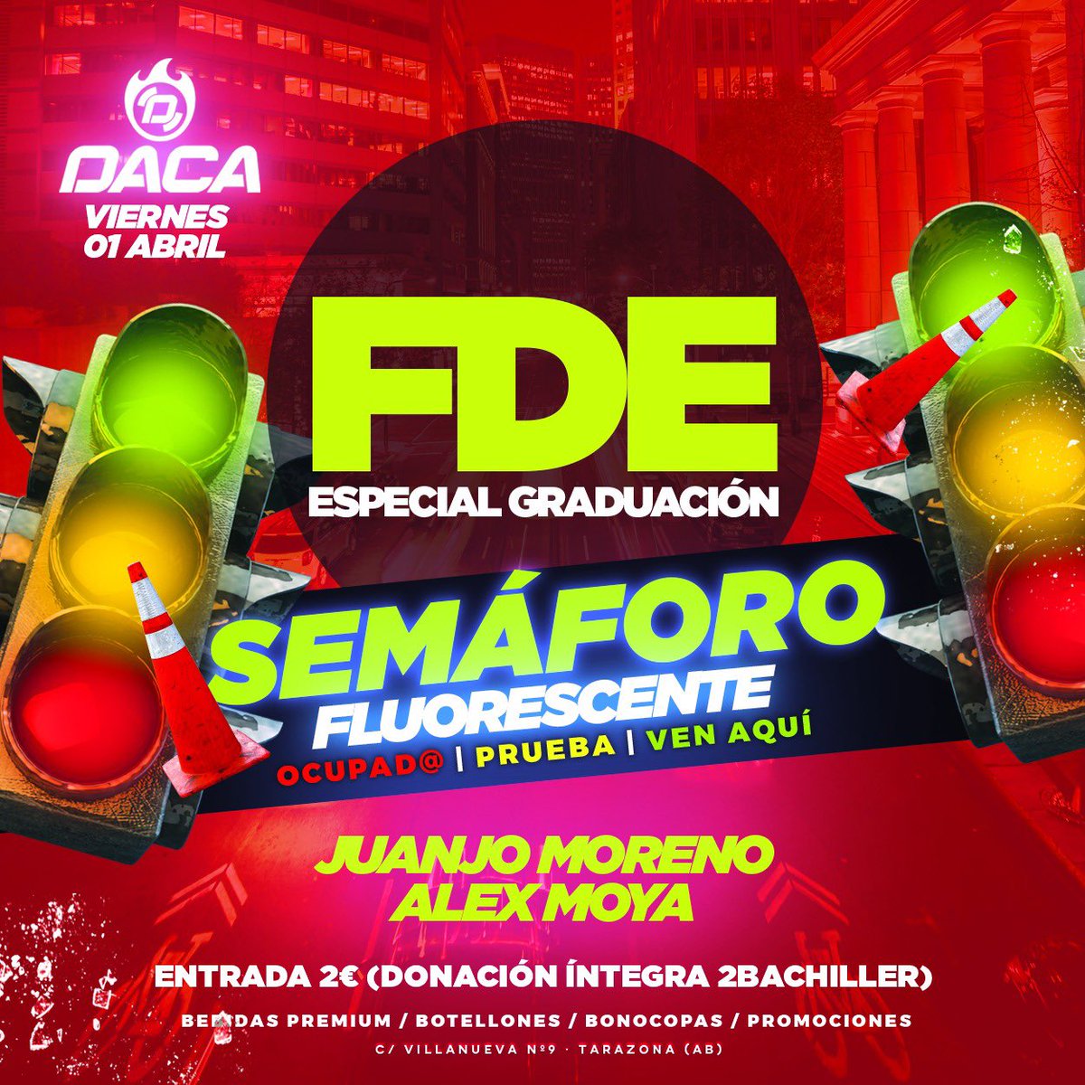 FDE especial graduación! 📚Volvemos con más ganas que nunca y con la temática del semáforo 🚦 
-ENTRADA 2€!!!!
-DNI físico obligatorio 
-Aforo limitado
-Prohibido la entrada a menores de 16
⚠️SORTEO⚠️
Sorteo de una entrada, dale ❤️ y rt
Os esperamos🔥🔥🔥