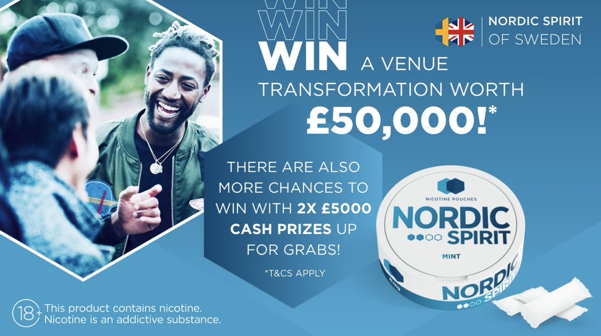 #NordicSpirit is giving all pubs, bars &amp; clubs the chance to win a venue transformation worth £50,000! 

Visit competition2022.nordicspirit.co.uk to enter and find out more! 

T&amp;Cs apply. 18+ Contains Nicotine. Nicotine is an addictive substance.

#NicotinePouches #NordicSpirit