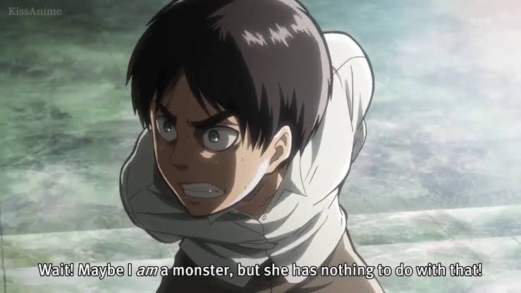 _Mvenusdemilo's tweet photo. Whenever Eren protects or saves Mikasa he just has to do some crazy shit like stabbing men at the age of 9 or screaming at government when you’re already under the risk of being killed or puching a titan with your minion height and bare hands like…. https://t.co/iM7W0g7KY3