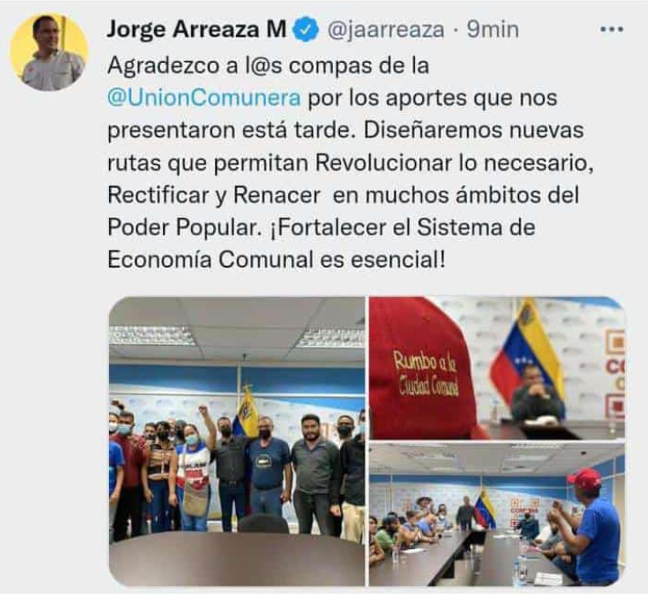Celebramos la voluntad del compañero <a href="/jaarreaza/">Jorge Arreaza M</a> de recibir nuestra delegación de la @UnionComunera a fin de intercambiar ideas y propuestas para seguir avanzando hacia la construcción del Estado Comunal, cumpliendo el compromiso asumido con el Cmdte Chávez #29Marzo #ComunaONada