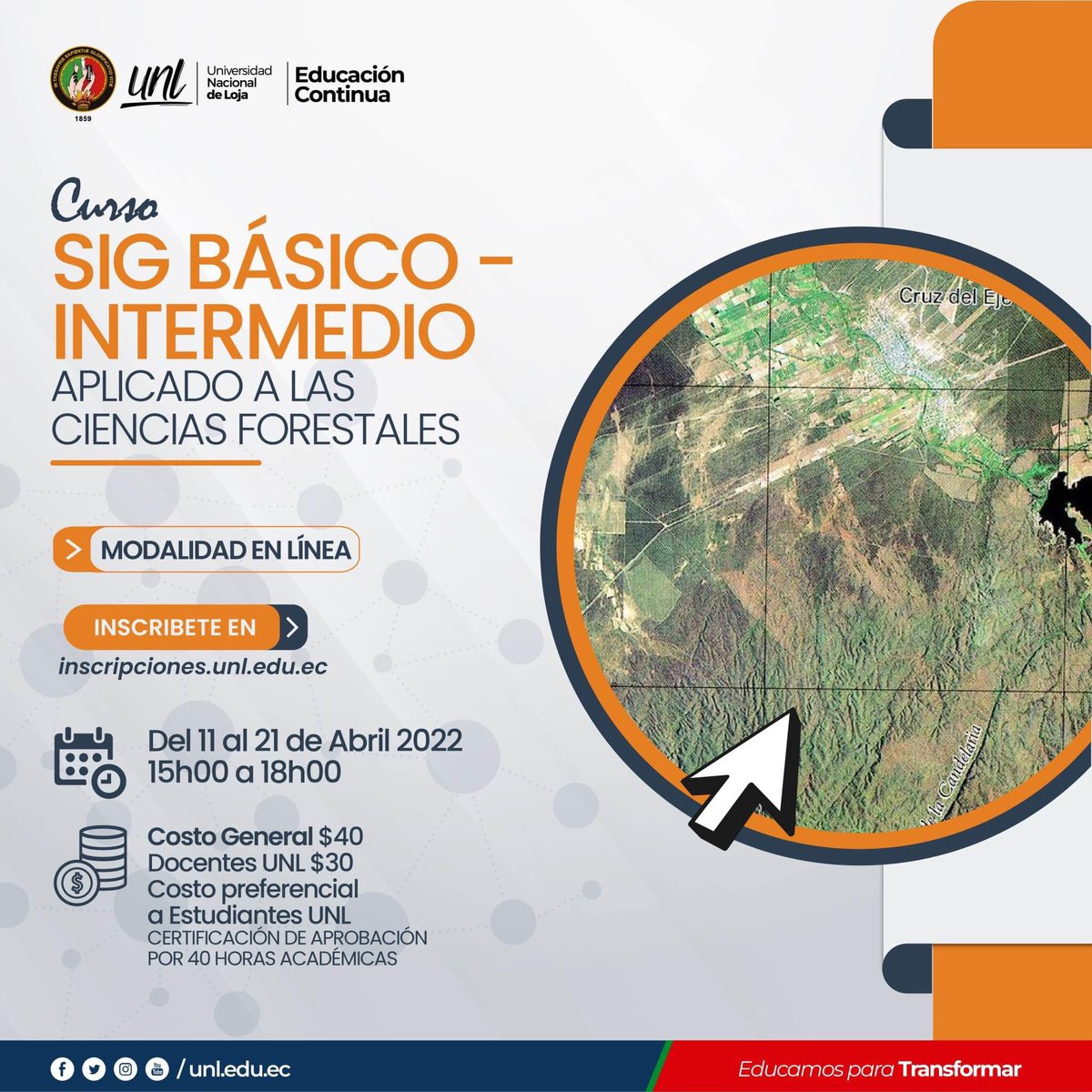 🌎💻 Curso SIG Básico - Intermedio: Aplicado a las Ciencias Forestales

📆 Del 11 al 21 de abril de 2022
📋 Certificación de aprobación por 40 horas académicas
👨‍💻 Más info e inscripciones ⏩ bit.ly/3tMPsJI
📄 Agenda completa bit.ly/3iGA3Er
📌 Modalidad En línea