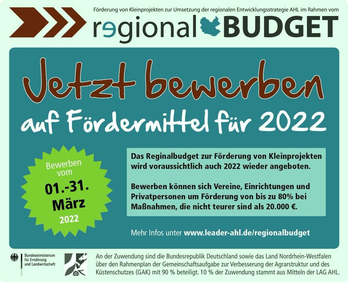 LEADER_AHL's tweet image. Letzte Chance: Noch bis übermorgen Antrag stellen und attraktive 80% Förderung erhalten! #Regionalbudget #Kleinprojekt #AHL