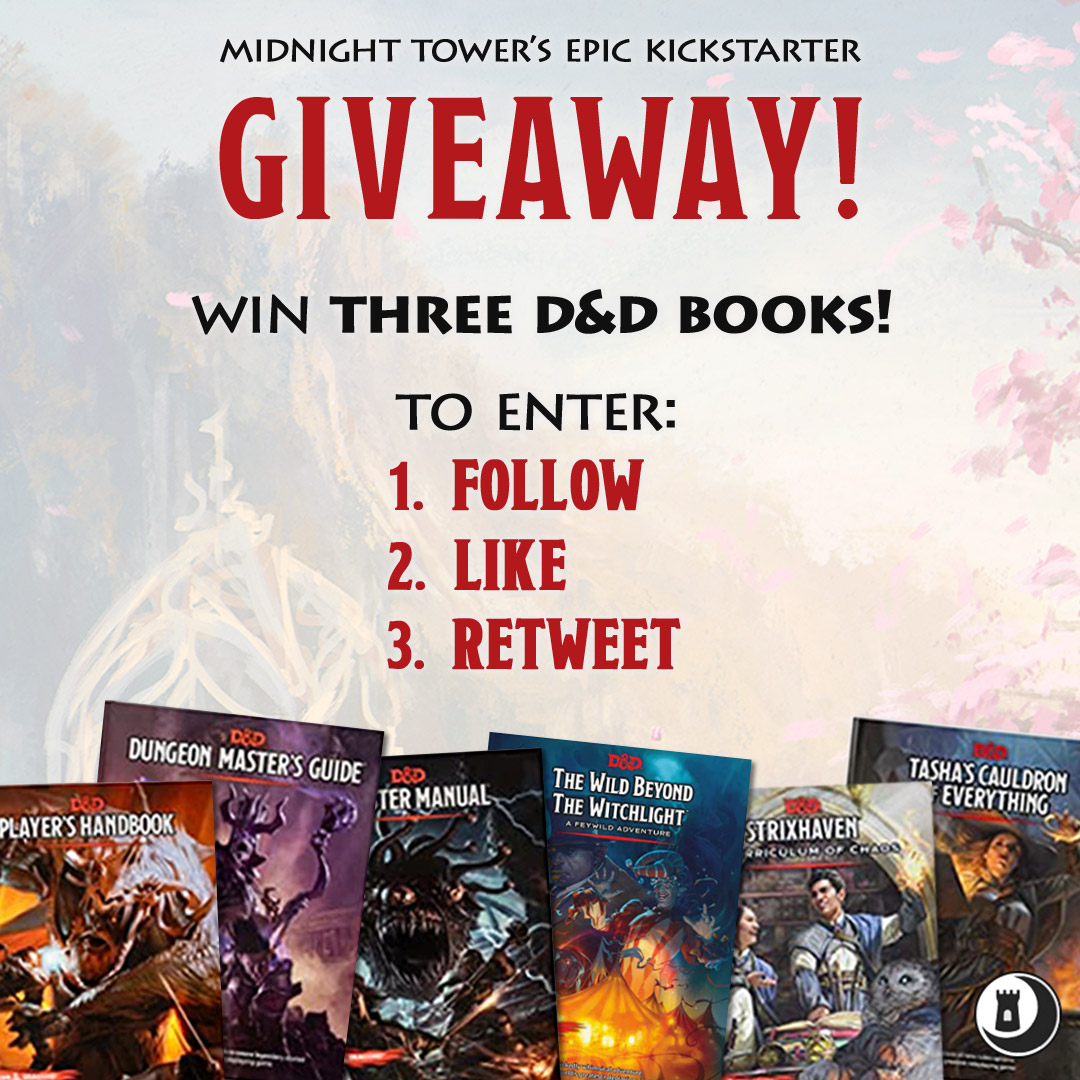 Midnight_Tower's tweet photo. #GIVEAWAY TIME!
Midnight Tower is celebrating their successful Kickstarter!
Win 3 D&amp;D books!

To enter:
💗Follow 
⚔️Like 
🎲Retweet 

A winner is announced on Sun 3 Apr!

Check out the Kickstarter: 
https://t.co/RlditQslJM

#ttrpg #dnd5e #dnd #rpg #austen #Kickstarter https://t.co/yLJsv2c4iC