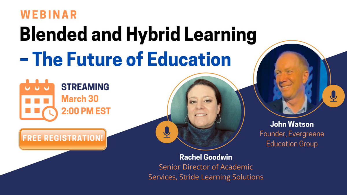 Don't miss out! tomorrow we discuss a bold new vision of blended and hybrid learning as the future of education with <a href="/JohnWatson_DLC/">John Watson</a> and Rachel Goodwin <a href="/Stride4Schools/">Stride Learning Solutions</a> <a href="/StrideLearn/">Stride, Inc.</a>. 

Register for free 👉 tinyurl.com/2p8scvak 👈

#StreamESN #edtechchat #education