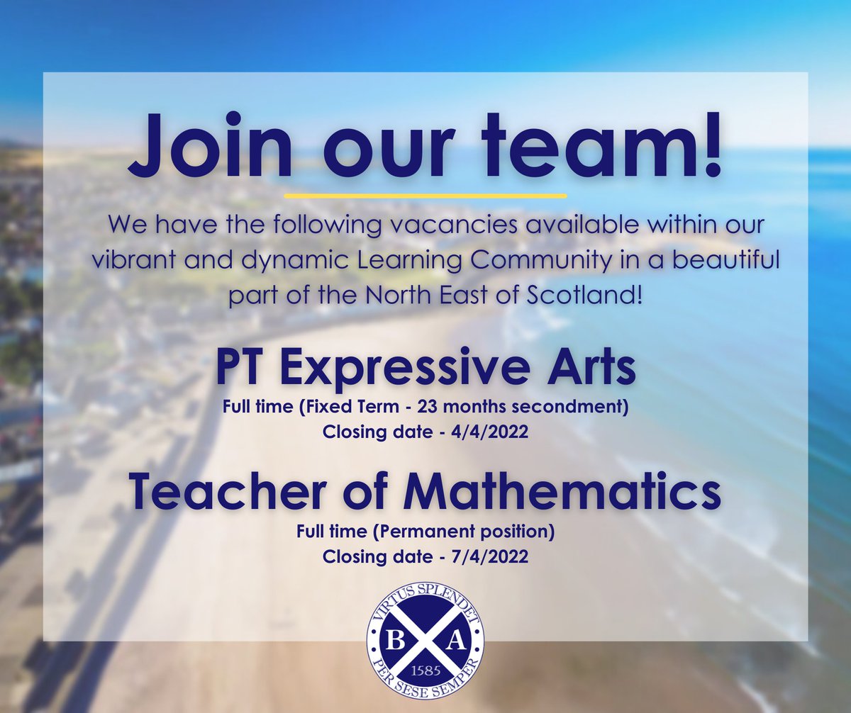 Join our team! 🥳 We have 2 fantastic opportunities to join us in a beautiful part of the North East of Scotland 🌊

PT Expressive Arts
myjobscotland.gov.uk/councils/aberd…
Closing: 4/4/22

Teacher of Mathematics
myjobscotland.gov.uk/councils/aberd…
Closing: 7/4/22