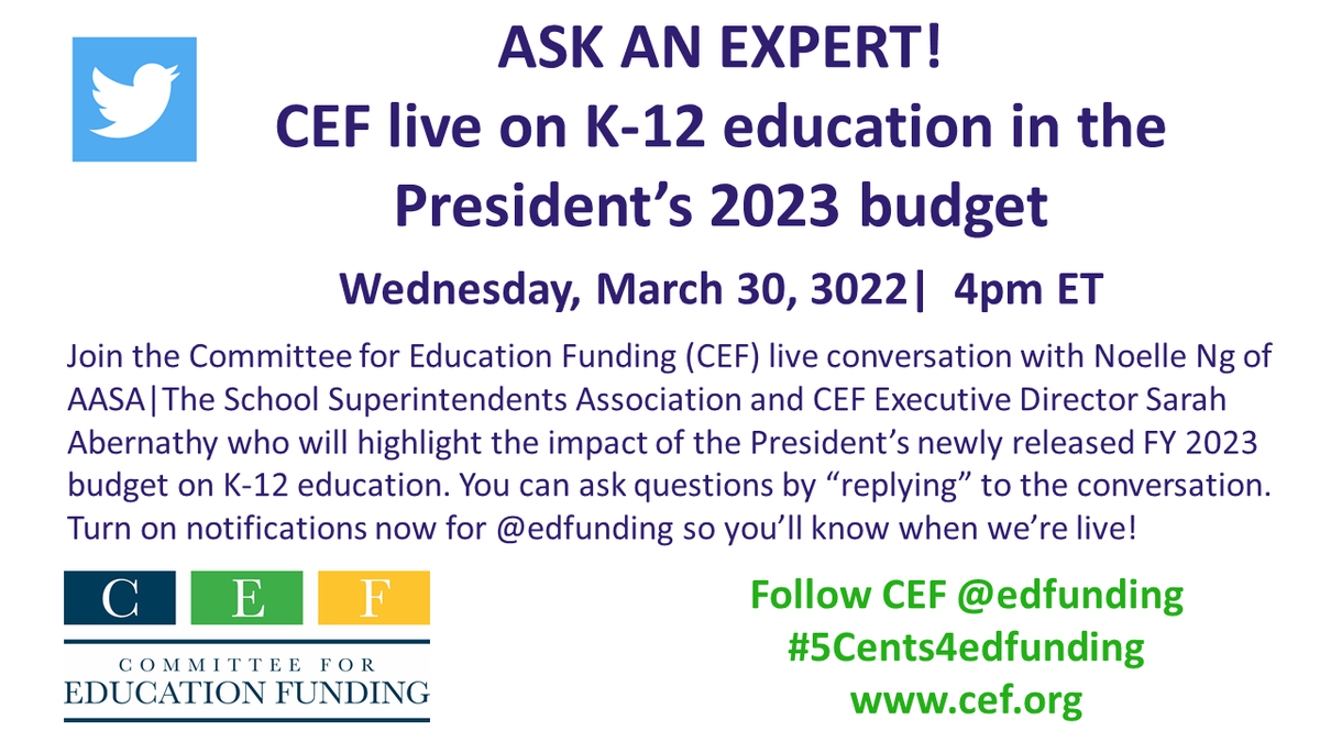 Join our live conversation about what the President's FY 2023 budget could mean for K-12 education tomorrow at 4pm ET. Ask questions of <a href="/Noellerson/">Noelle Ellerson Ng</a> from <a href="/AASAHQ/">AASA</a> and Sarah Abernathy of CEF. There's billions of dollars of good news for teaching and learning to discuss!