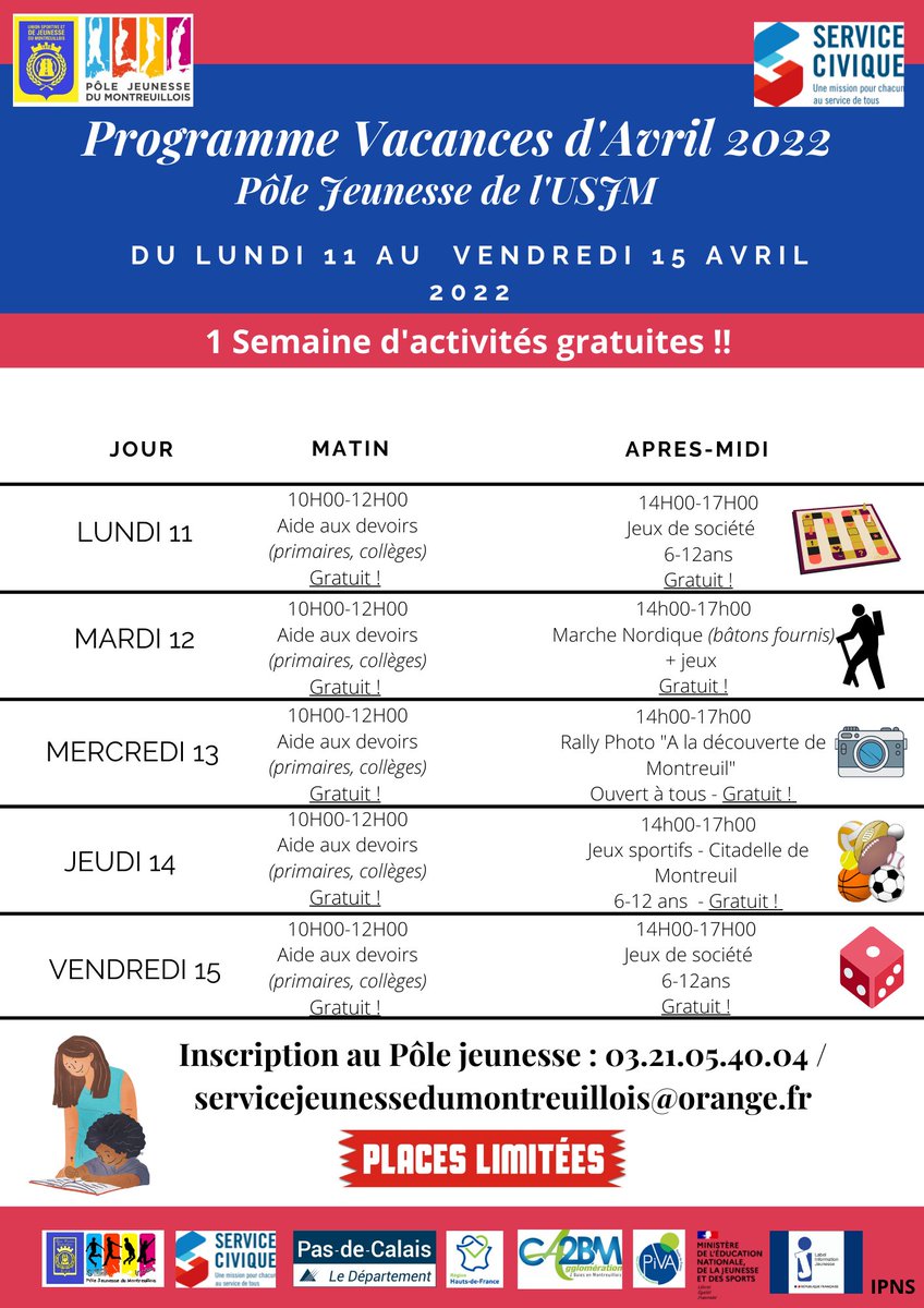 Programme des activités pour les Vacances d'Avril🌸
La 1ere semaine les activités sont gratuites mais les places sont limitées.
La 2ere semaine les activités se déroulent à Estrée.  Inscription à la journée (11€) ou la semaine (40€) 
Inscription est obligatoire : 03.21.05.40.04