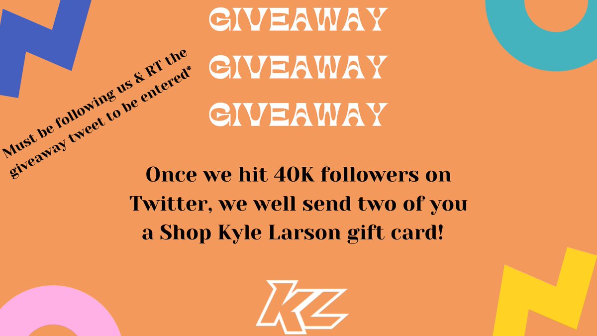 ShopKyleLarson's tweet image. 39.9K Followers 

Let’s do a giveaway!🎉🎉 

Once we hit 40K Followers, we will send a couple of you a 𝕊𝕙𝕠𝕡 𝕂𝕪𝕝𝕖 𝕃𝕒𝕣𝕤𝕠𝕟 gift card! 

*Must be following us &amp;amp; RT this tweet to be entered*
