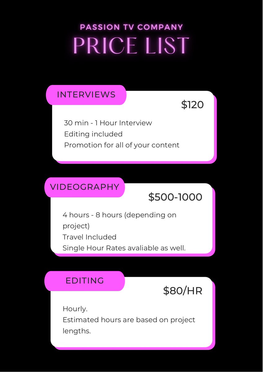PassionTVco's tweet photo. Here is our pricing list! We put a lot of work and time into what we do. WE ARE NOT A PODCAST! We appreciate all of the support everyone has shown us. Follow us on Instagram for more information! https://t.co/BvCllWrg95