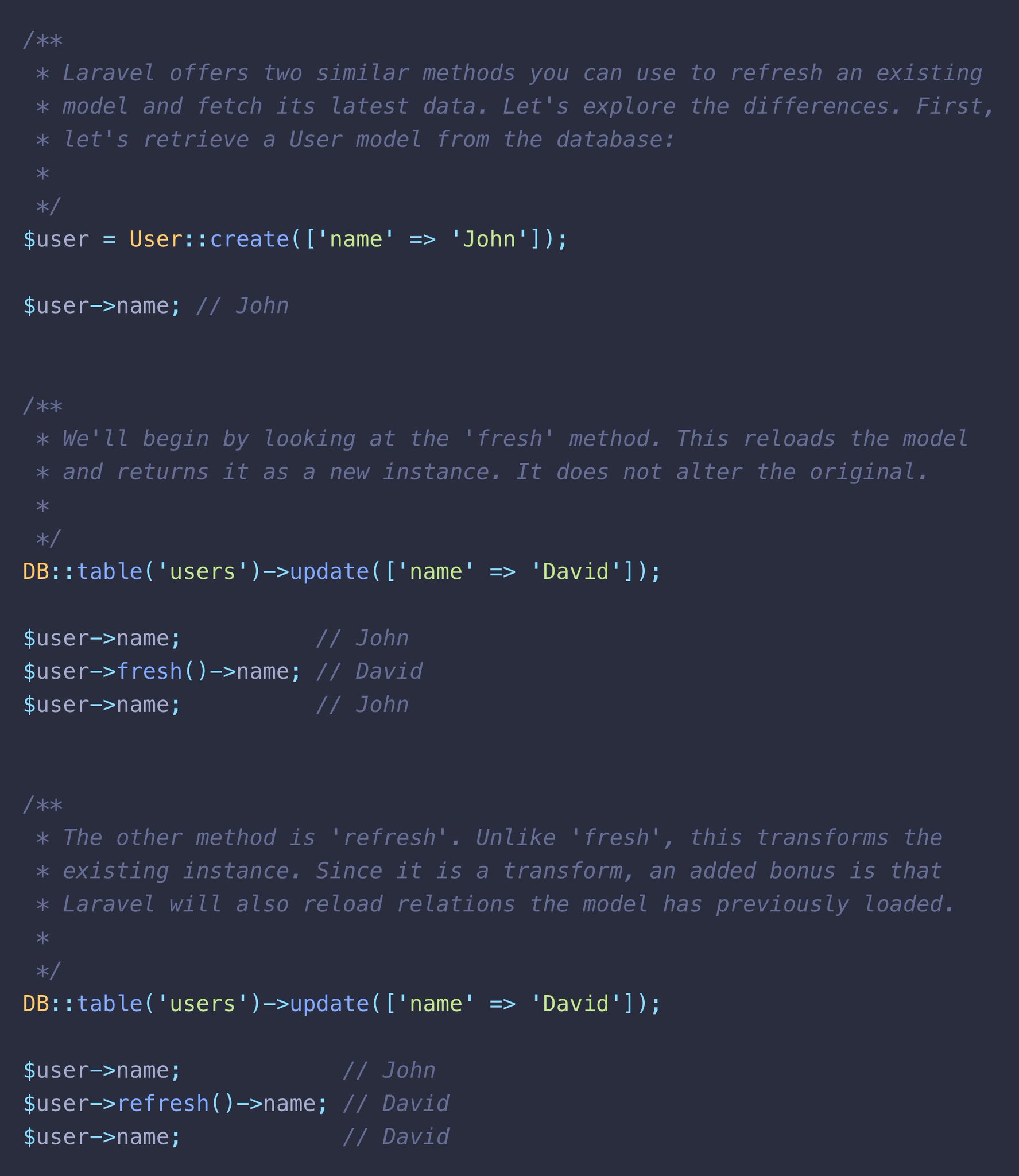 Understand the difference between `fresh()` and `refresh()`. One returns a *fresh* new instance, while the other *refreshes* an existing instance