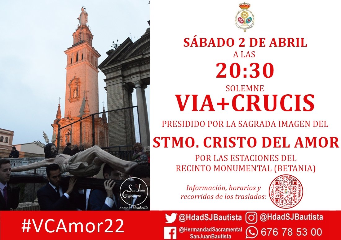 Via+Crucis por las estaciones del Recinto Monumental (Betania), presidido por el Santísimo Cristo del Amor.

📅 Sábado 2 de Abril
📌 Recinto Monumental (Betania, Barrio de El Monumento)
🕣 20:30

Información, recorridos y horarios de los traslados ⤵️
hermandadsanjuanbautista.es/viacrucis-sant…
