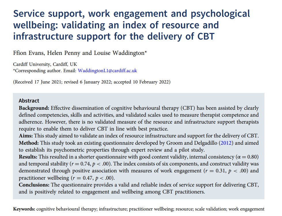 BCP New FirstView paper: 

Service support, work engagement and psychological wellbeing: validating an index of resource and infrastructure support for the delivery of CBT

Full free text at cambridge.org/core/journals/…

<a href="/babcp/">BABCP</a> <a href="/iapt_prn/">Northern IAPT PRN</a>
