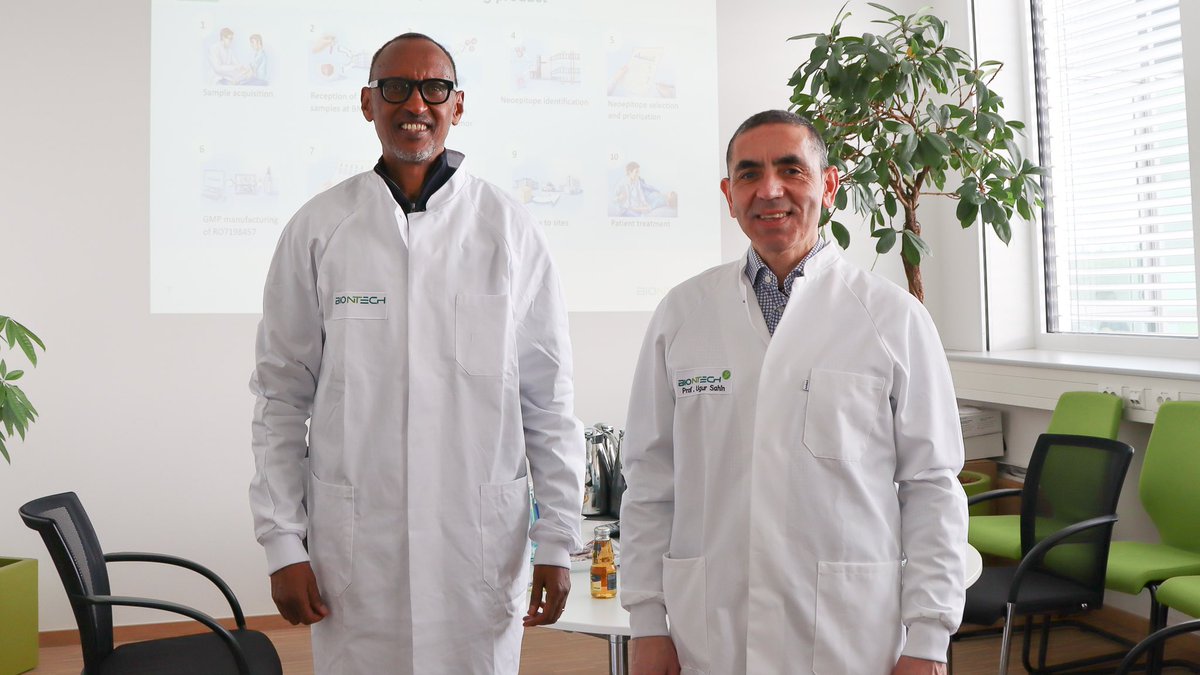 PaulKagame's tweet photo. I had the great opportunity to visit with Uğur Şahin at @BioNTech_Group facility in Mainz, Germany. Impressive innovations in biotech! #HighLevelStuff. A very good person and couple he and Dr. Özlem Türeci are! https://t.co/YKbK4urcPY