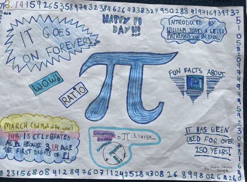SMC_Maths's tweet photo. March 14th is Pi day and we had a poster competition across year 7 &amp; year 8. Some amazing entries @SMCHull @SMCYear7 @SMCY72021 https://t.co/K0D4KmrSwh