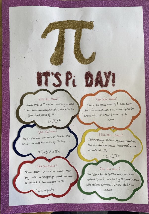 SMC_Maths's tweet photo. March 14th is Pi day and we had a poster competition across year 7 &amp; year 8. Some amazing entries @SMCHull @SMCYear7 @SMCY72021 https://t.co/K0D4KmrSwh