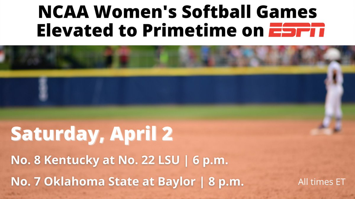 ESPN PR (@espnpr) on Twitter photo Programming Update: This weekend, 2 <a href="/NCAASoftball/">NCAA Softball</a> games have been elevated to primetime on ESPN
Saturday
š„ 6p ET | No. 8 <a href="/UKsoftball/">Kentucky Softball</a> at No. 22 <a href="/LSUsoftball/">LSU Softball</a>
š„ 8p ET | No. 7 @CowgirlSB at <a href="/BaylorSoftball/">Baylor Softball</a> Programming Update: This weekend, 2 <a href="/NCAASoftball/">NCAA Softball</a> games have been elevated to primetime on ESPN
Saturday
š„ 6p ET | No. 8 <a href="/UKsoftball/">Kentucky Softball</a> at No. 22 <a href="/LSUsoftball/">LSU Softball</a>
š„ 8p ET | No. 7 @CowgirlSB at <a href="/BaylorSoftball/">Baylor Softball</a>