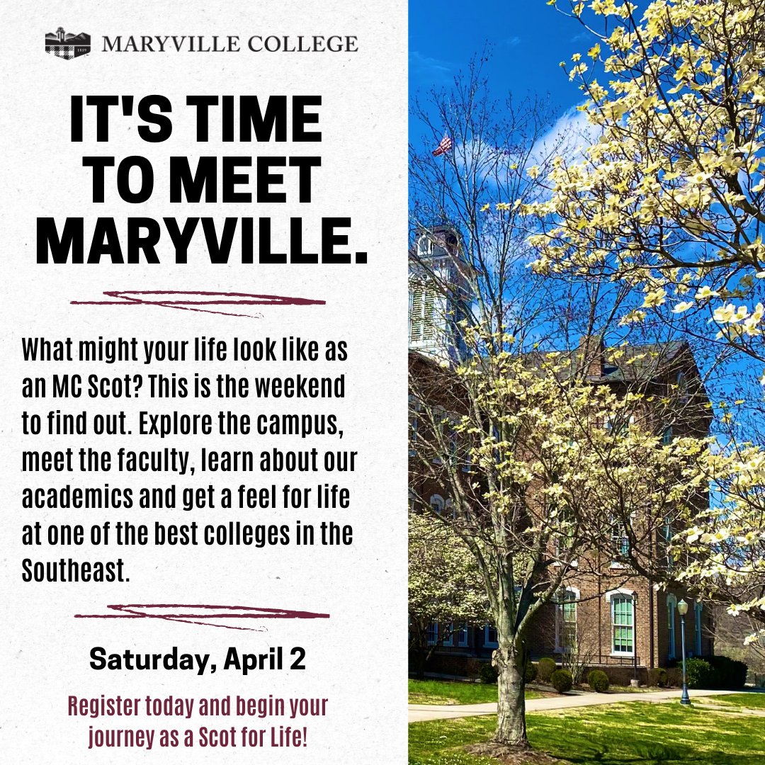 MaryvilleC's tweet photo. If you're a high school student making plans for your post-secondary education, you should most definitely consider #MaryvilleCollege among your options. Why, you ask? Hit up @MCScotsADM to register for this Saturday's Meet Maryville event and find out! #goscots #scotforlife https://t.co/CQ8Yzk5R1u