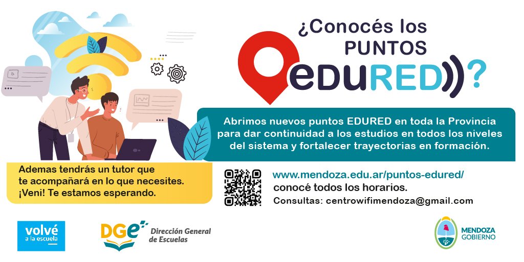 MzaDGE's tweet photo. Los Puntos #EduRed siguen acompañando a la Educación provincial

📲Hay 71 centros wifi ubicados en municipios de toda la provincia.
🗨️Consultá ubicaciones, horarios y más información en 🔗https://t.co/0yKMZ482X5
También podés escribir a:
📨centroswifimendoza@gmail.com https://t.co/rcSQt0IiXa