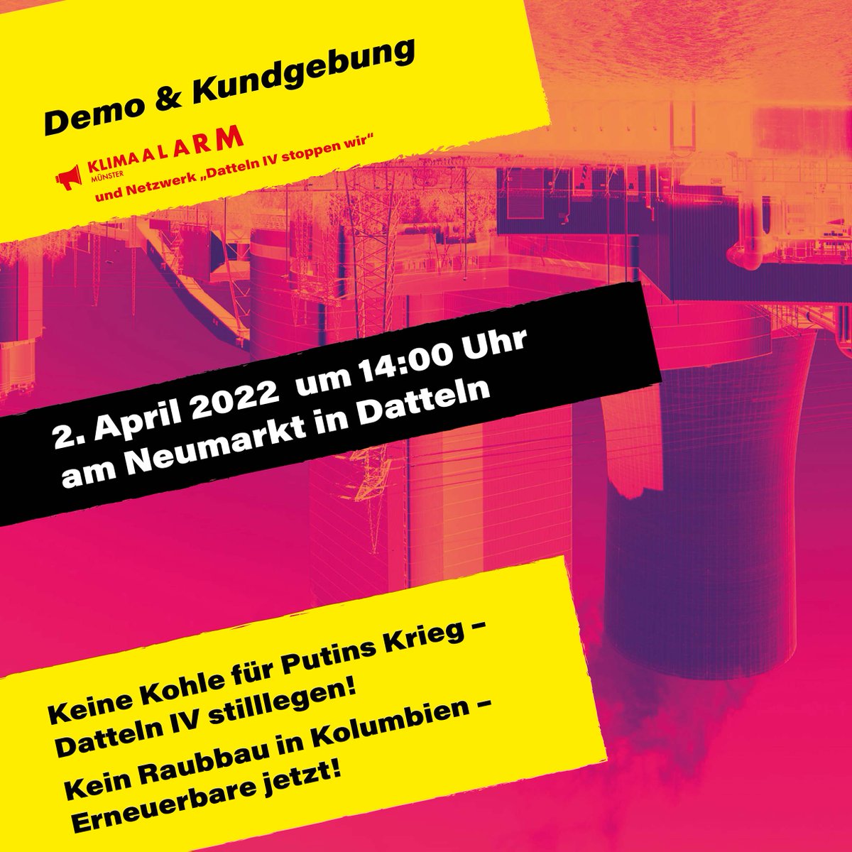 Am Samstag gehen wir erneut auf die Straße gegen den Schwarzbau #DattelnIV. Keine Kohle aus Russland, aus Kolumbien oder sonstwo soll noch in Deutschland verfeuert werden!  <a href="/Datteln4W/">Datteln4StoppenWir</a> #Klimaschutz