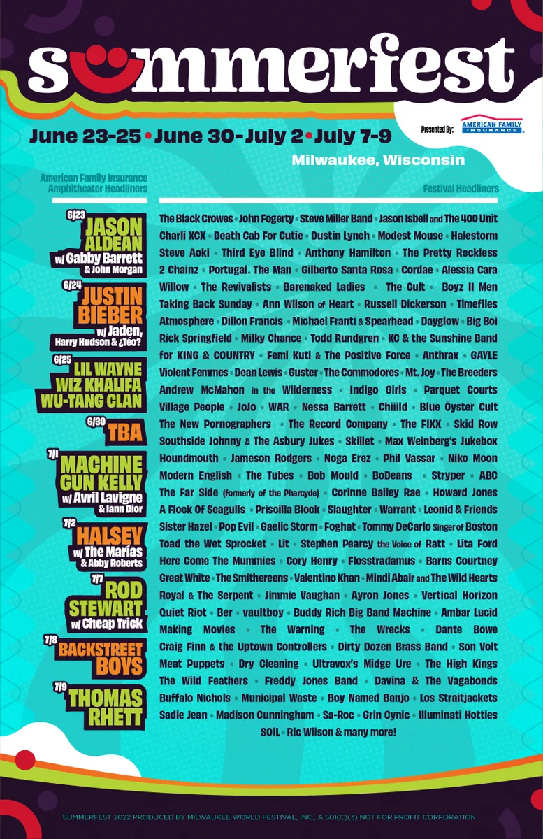 A blue lineup poster with over 100 artists listed! Visit Summerfest.com for the full lineup.