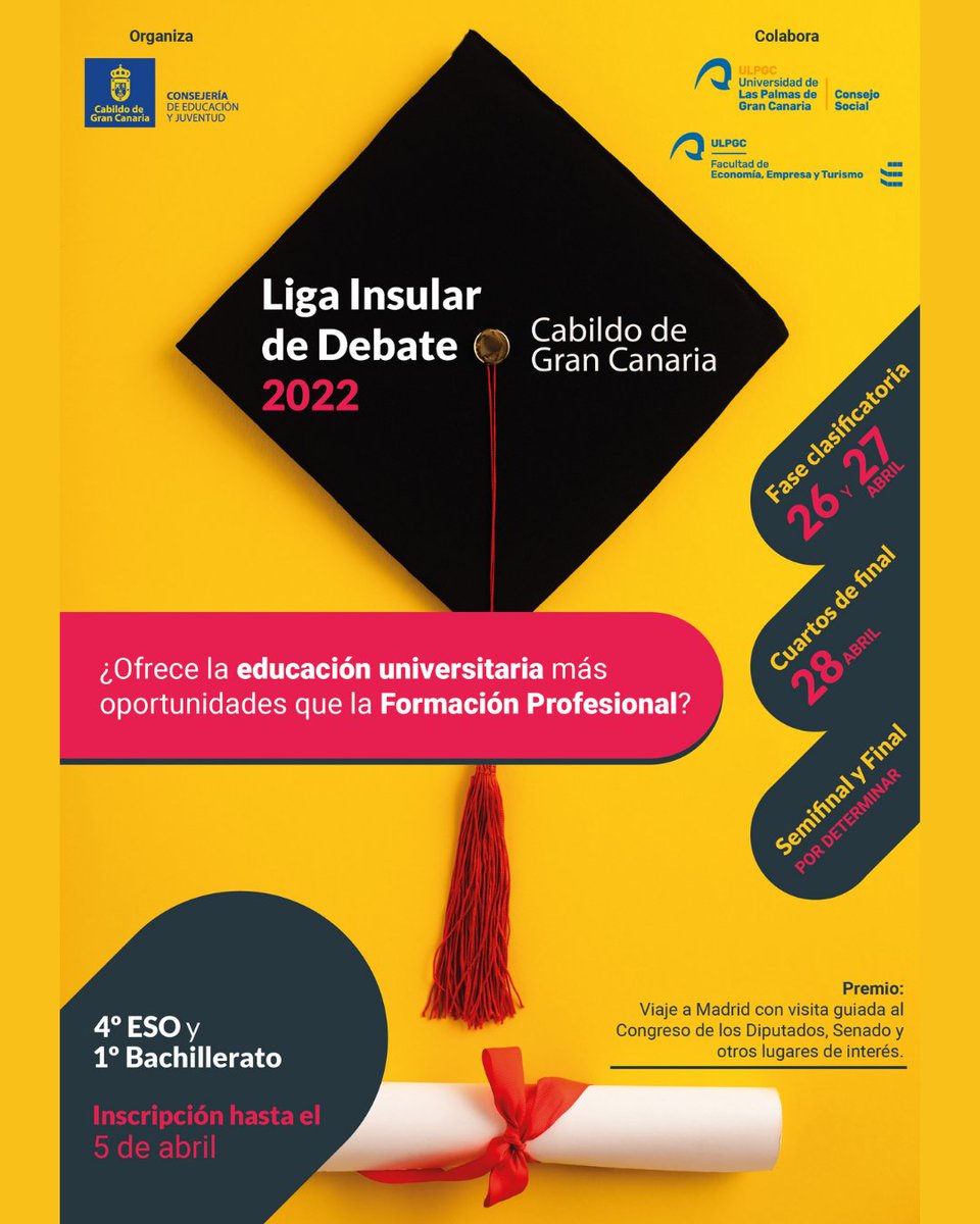 GranCanariaJven's tweet photo. 🗣LIGA INSULAR DE DEBATE 2022

✨Si eres de Cuarto de la ESO y Primero de Bachillerato, inscríbete con tu centro y da tus primeros pasos en el mundo de los torneos de debates académicos.

⏰ Desde hoy hasta el 5 de abril del 2022

📲 + INFO https://t.co/stHFCdAUQ5 https://t.co/VLKBpHQwxa