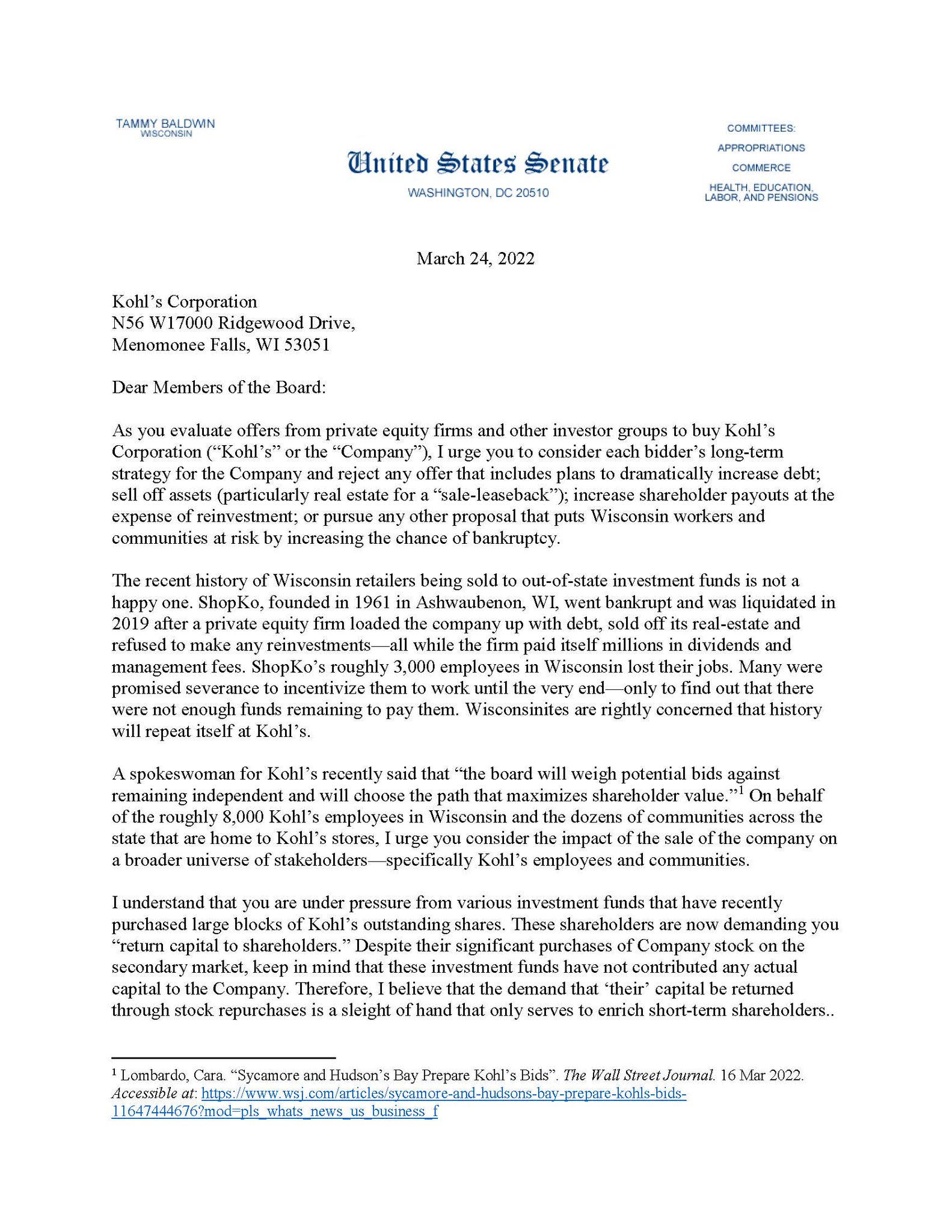 Sen. Tammy Baldwin on Twitter "My letter to Kohl's Board of Director's encouraging them to
