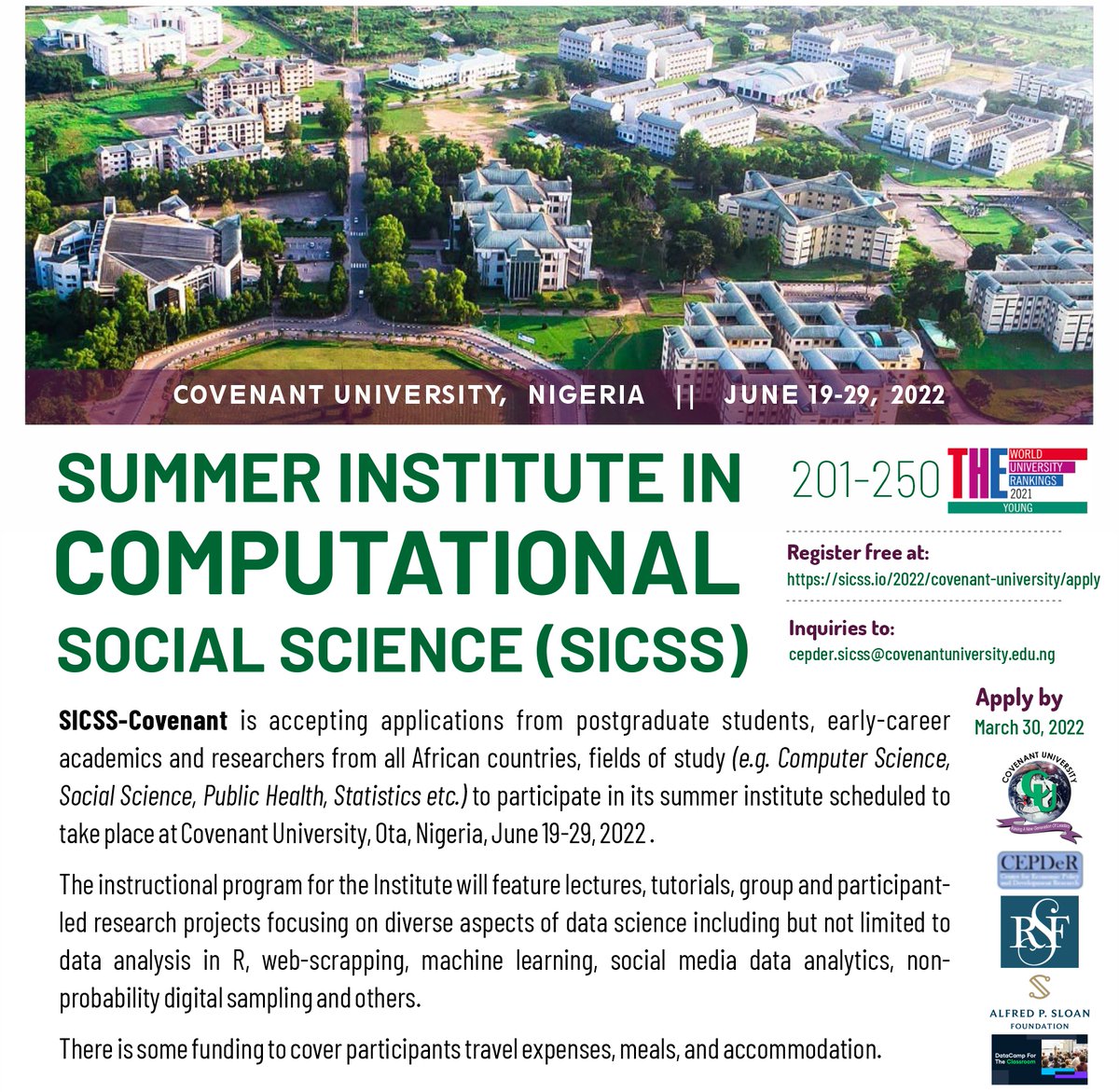 🇳🇬 єммαηυєℓ Ọlámíjùwọ́n (@eolamijuwon) on Twitter photo Applications to participate in the summer institute is free & open (until March 30) to researchers from all backgrounds and fields of study.
We also have a limited number of funding to cover participants' travel and living expenses at <a href="/CUHEBRON/">Covenant University</a>
ℹ️ Info: sicss.io/2022/covenant-… Applications to participate in the summer institute is free & open (until March 30) to researchers from all backgrounds and fields of study.
We also have a limited number of funding to cover participants' travel and living expenses at <a href="/CUHEBRON/">Covenant University</a>
ℹ️ Info: sicss.io/2022/covenant-…