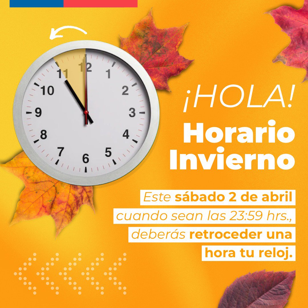 📣No te olvides! Este sábado 02 de abril, daremos inicio al #HorariodeInvierno🍂❄️
Por esto, a las 23:59hrs. de ese día deberás retrasar una hora☝️ tu reloj ⏰y ajustar tus dispositivos móviles📲💻en UTC-4.

Este huso horario nos permitirá tener mañanas con más luz 🔆🙌
