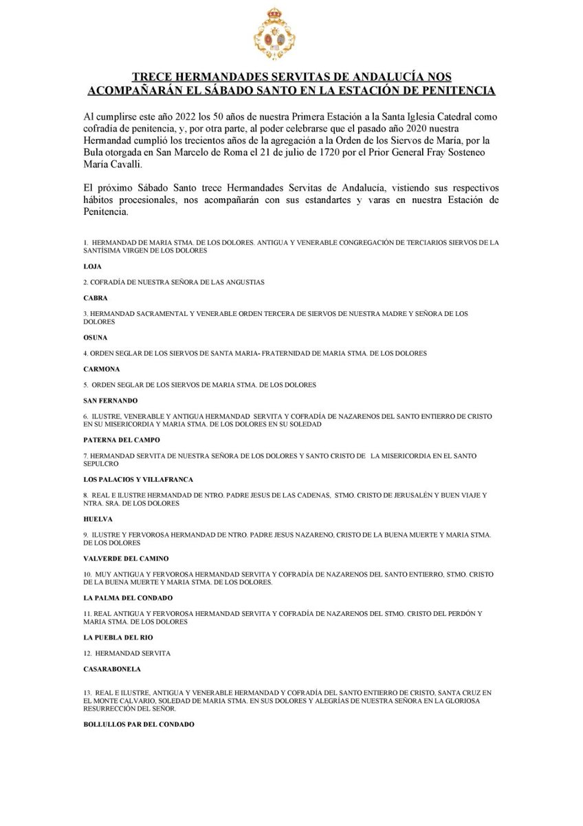 ℹ️| Trece Hermandades Servitas nos acompañarán el próximo Sábado Santo.