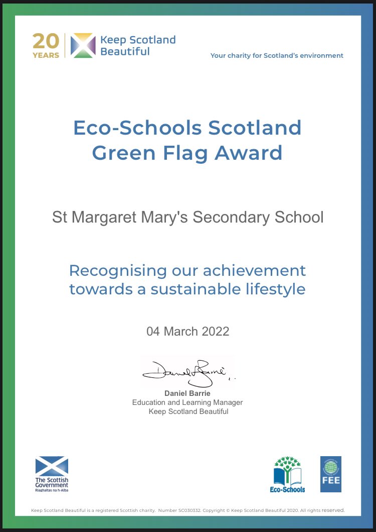 We are delighted to announce that St Margaret Marys have achieved their first Green Flag! This is recognition for our hard work on litter reduction, biodiversity and active travel! @EcoSchoolsScot