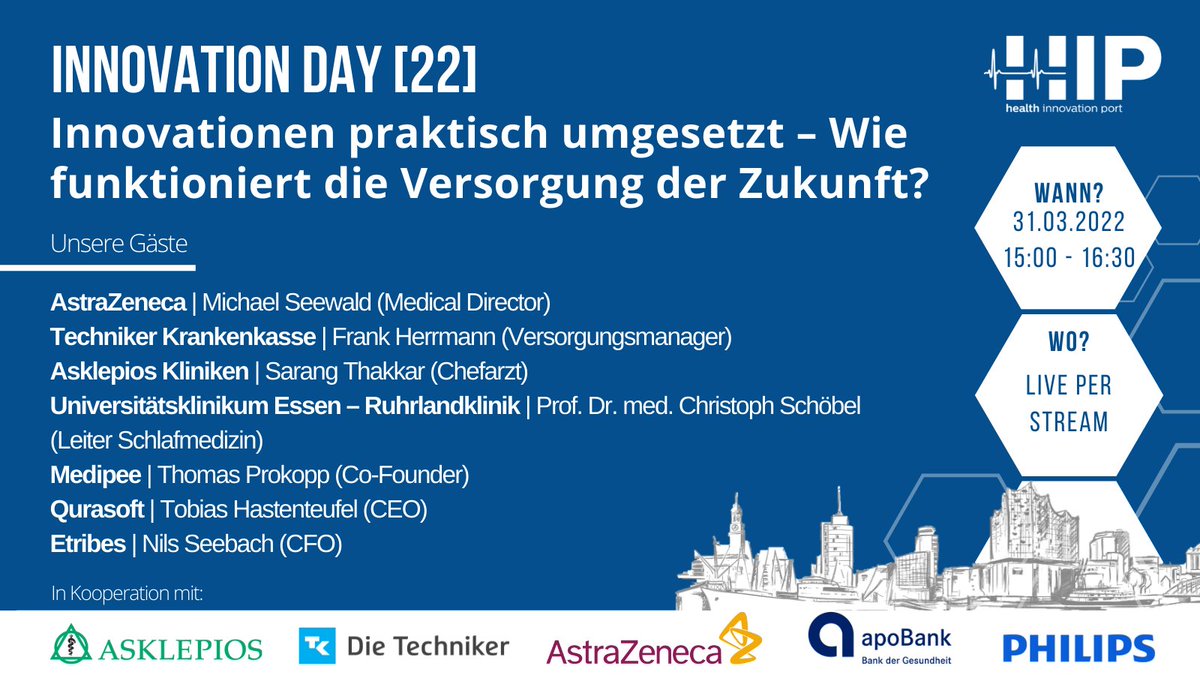 Schon morgen findet der #InnovationDay[22] des <a href="/HIP_Hamburg/">Health Innovation Port</a> statt! Wie funktioniert die #Versorgung der Zukunft? Darüber diskutieren u.a. TK-Versorgungsmanager Frank Herrmann, <a href="/Asklepios_HH/">Asklepios Kliniken</a> und drei Health/Digital Start-ups <a href="/Medipee_com/">Medipee</a>, <a href="/SaniQApp/">Qurasoft</a>, <a href="/etribesconnect/">Etribes</a>!